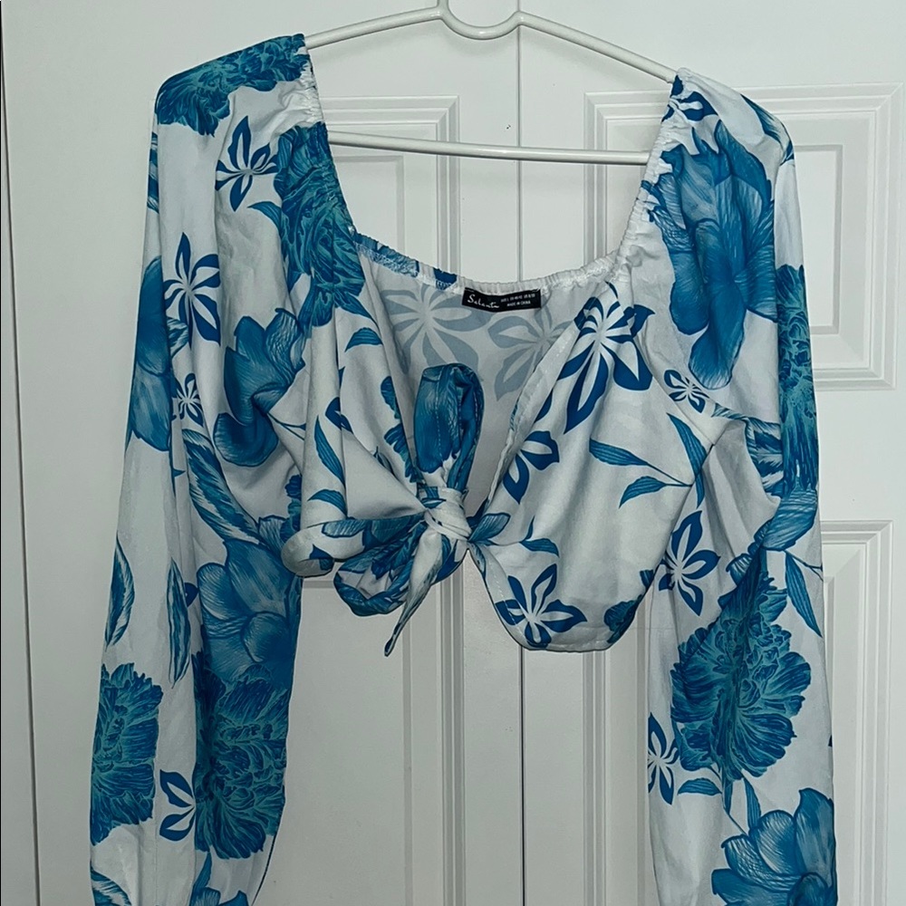White and Blue Long Sleeve Tie Front Crop Blouse